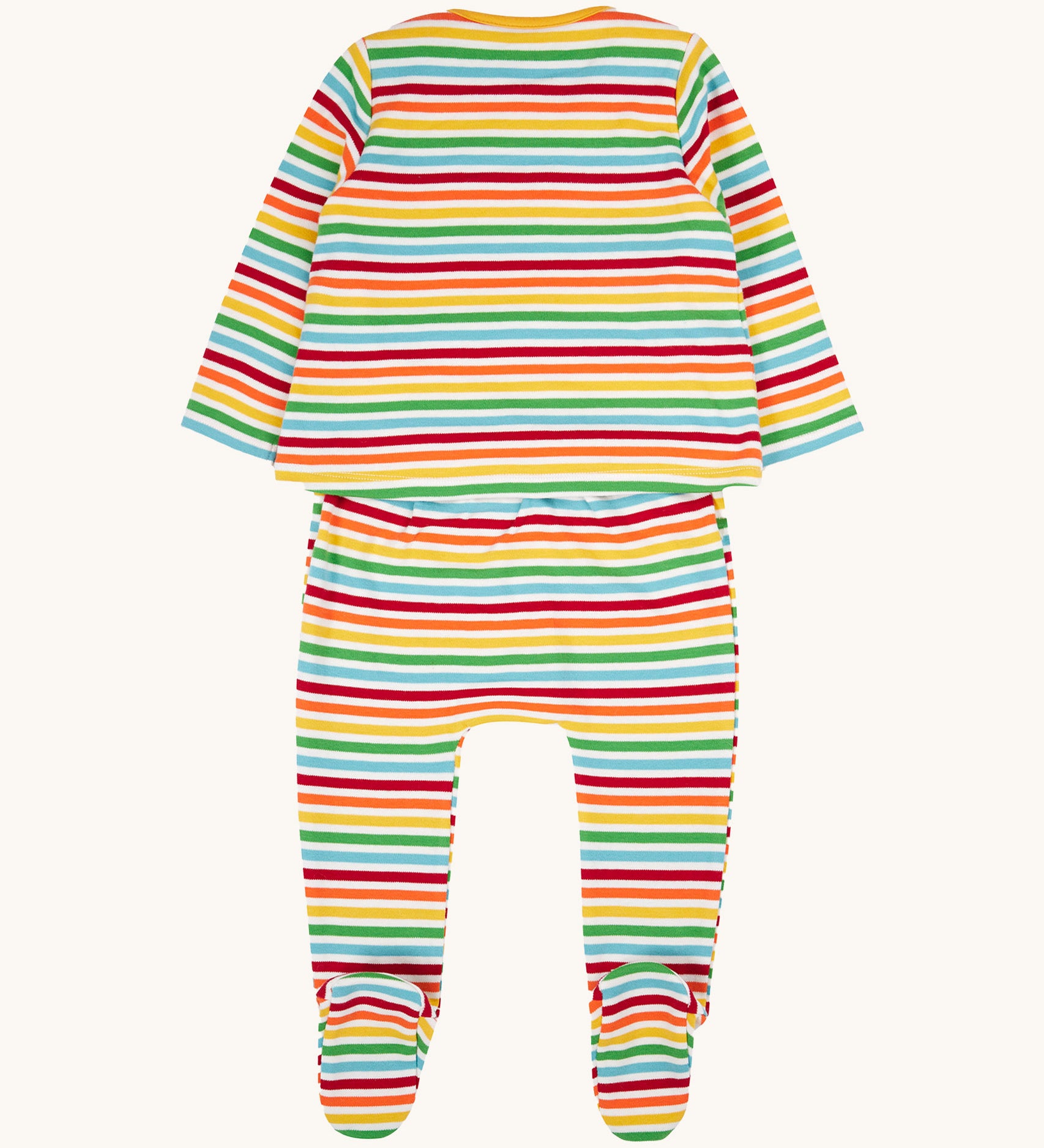 The back of the frugi kids brooke easy dressing baby grow in squirrel/rainbow stripe