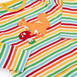 A close up of the top from the frugi kids brooke easy dressing baby grow in squirrel/rainbow stripe showing the squirrel applieque detail on rainbow striped organic cotton fabric.