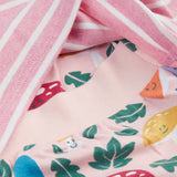 A close up of the top from the frugi kids brooke easy dressing baby grow in fun-guys/pink stripe showing the woodland inspired prints on the bottoms and the soft elasticated waist band detail