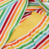 A close up of the top from the frugi kids brooke easy dressing baby grow in squirrel/rainbow stripe showing the rainbow inspired striped detail and soft yellow elasticated waist band on organic cotton fabric.