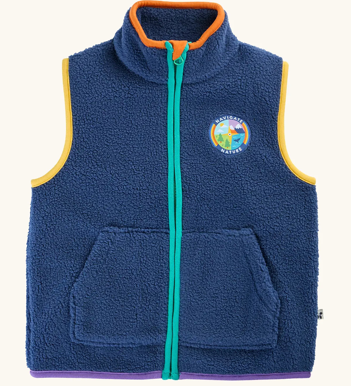 A blue frugi fleece vest with a high collar, front zipper, and two front pockets. It features yellow piping along the armholes, an orange inner collar, a teal zipper.