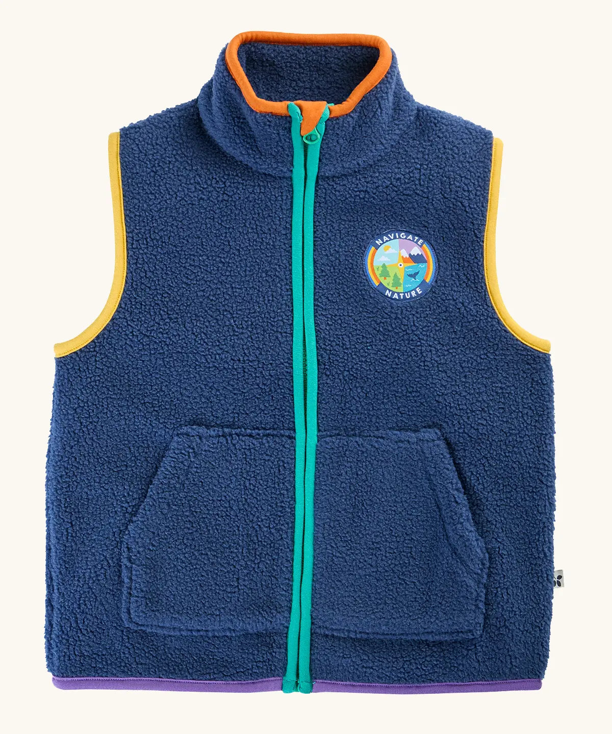 A blue frugi fleece vest with a high collar, front zipper, and two front pockets. It features yellow piping along the armholes, an orange inner collar, a teal zipper.