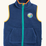 A blue frugi fleece vest with a high collar, front zipper, and two front pockets. It features yellow piping along the armholes, an orange inner collar, a teal zipper.