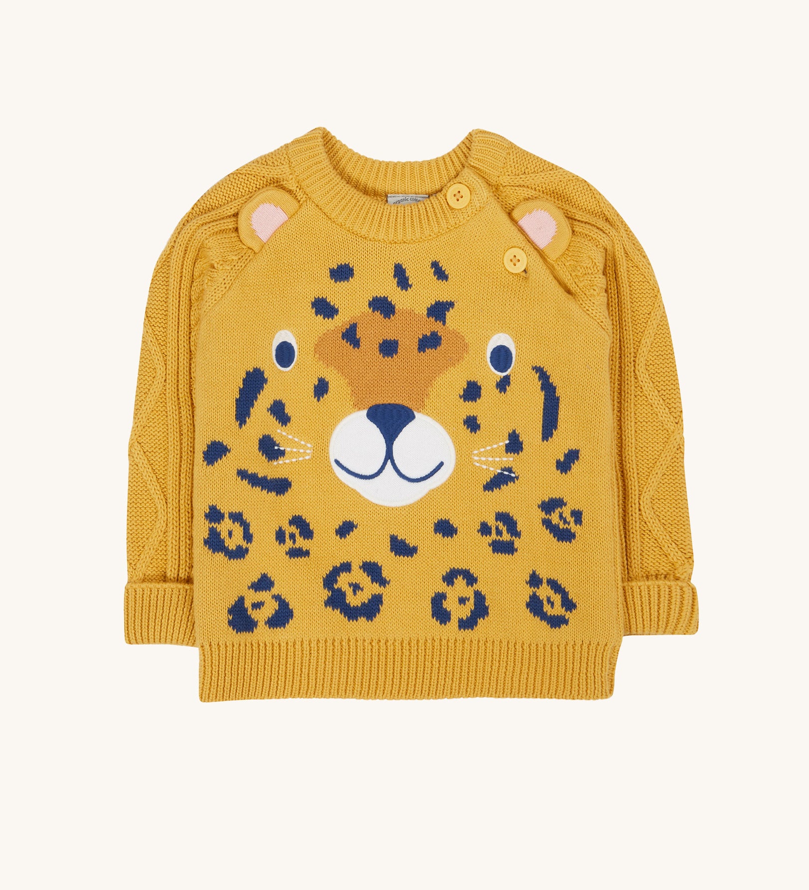Frugi Caleb leopard Character Knit Organic Cotton Kids' Jumper. This knitted jumper is a part of a wide range of organic cotton clothing for children available here at Babipur. 