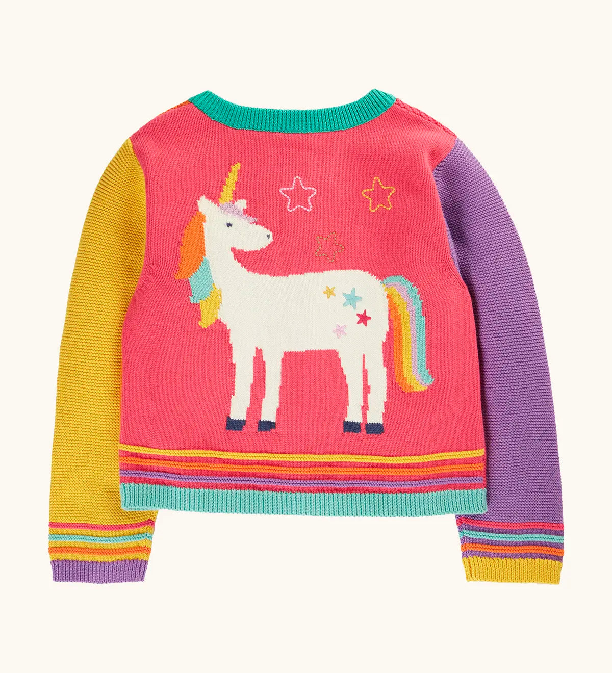 Back of the Frugi organic cotton cammie cardigan with a hotchpotch unicorn design. One purple, one yellow arm, pink back with a large unicorn on the back. 