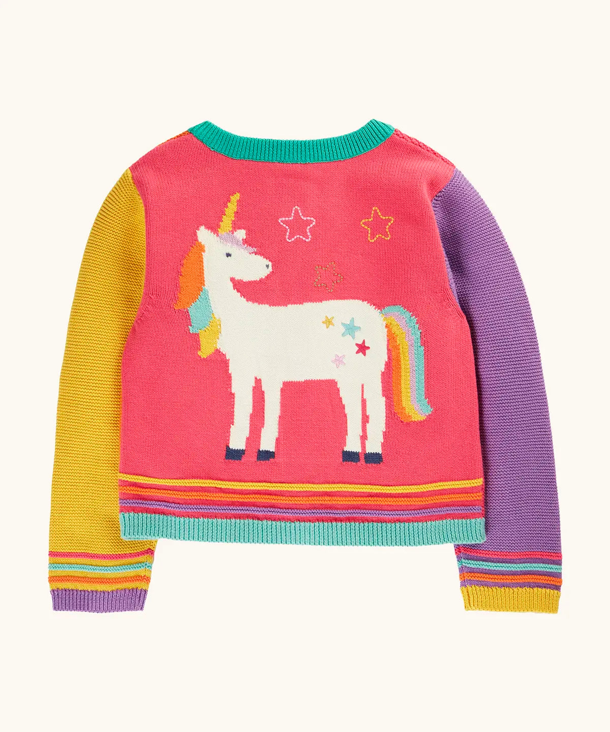 Back of the Frugi organic cotton cammie cardigan with a hotchpotch unicorn design. One purple, one yellow arm, pink back with a large unicorn on the back. 
