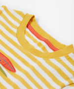 Close up of the Frugi campervan short sleeve t-shirt. Showing the neck detail on yellow and white striped organic cotton fabric 
