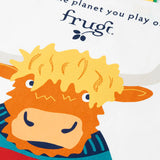 Close up of the Frugi canvas tote bag in soft white with one yellow and one green strap and a highland coo cow design on the front.