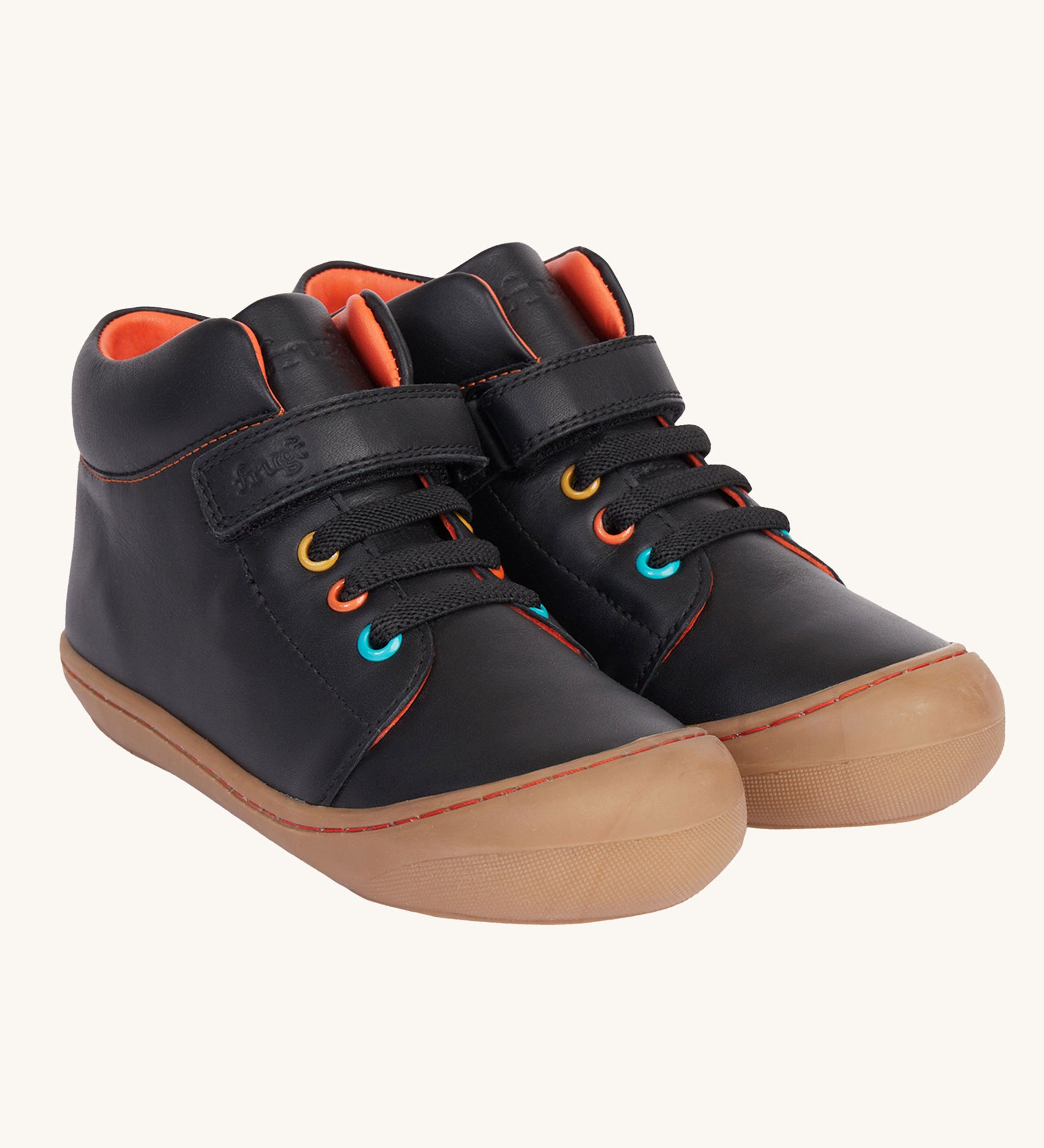 Frugi cape stretch children's lace boot in black leather with salamander orange leather lining.  The boots have a brown natural rubber coloured sole and toe bumper.
