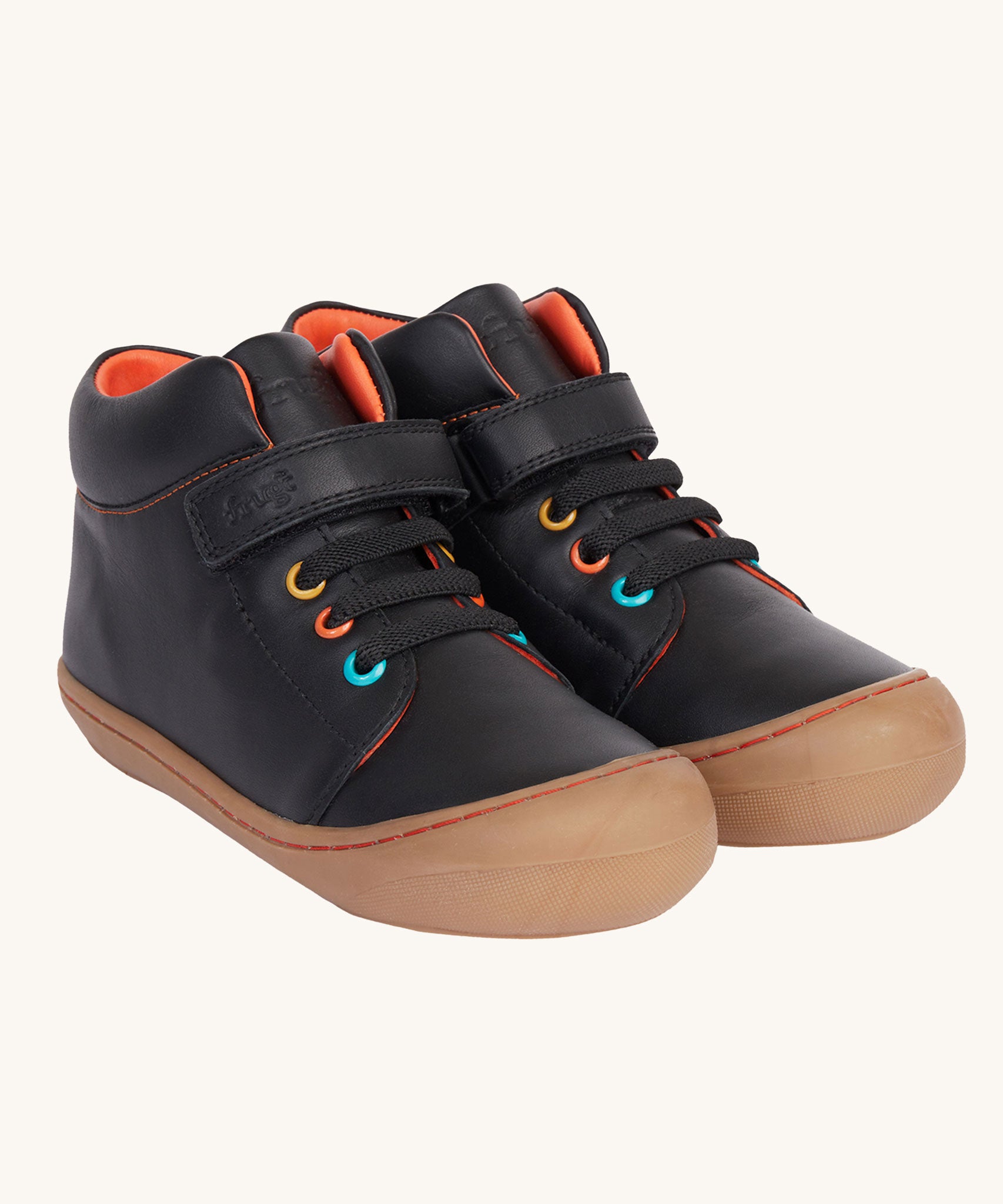 Frugi cape stretch children's lace boot in black leather with salamander orange leather lining.  The boots have a brown natural rubber coloured sole and toe bumper.