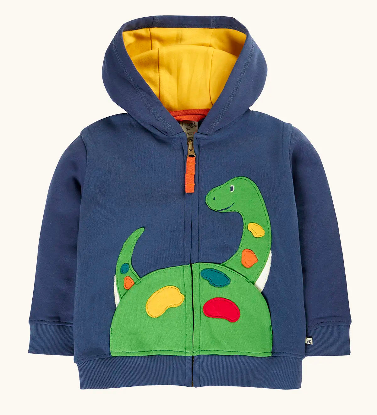 Frugi organic cotton carbis navy kids hoodie with a green nessie applique on the frond and yellow hood lining. 