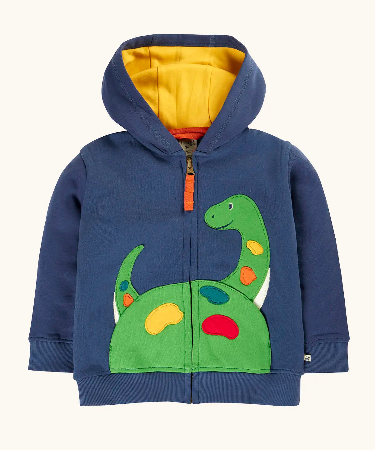 Frugi organic cotton carbis navy kids hoodie with a green nessie applique on the frond and yellow hood lining. 