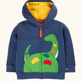 Frugi organic cotton carbis navy kids hoodie with a green nessie applique on the frond and yellow hood lining. 