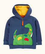 Frugi organic cotton carbis navy kids hoodie with a green nessie applique on the frond and yellow hood lining. 