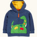 Frugi organic cotton carbis navy kids hoodie with a green nessie applique on the frond and yellow hood lining. 