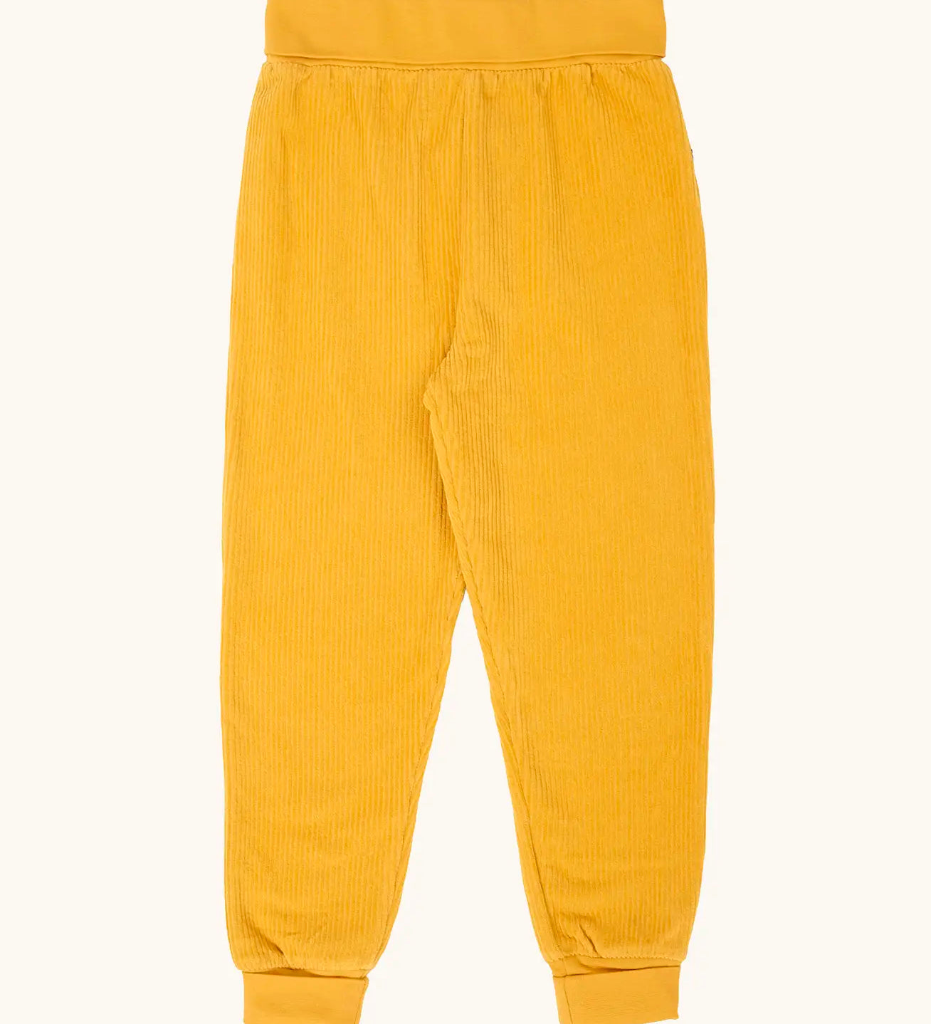 Frugi carne organic cotton cord pull up trousers in bumblebee yellow with soft cotton waistband and cuffs that can be folded down for extended wear.