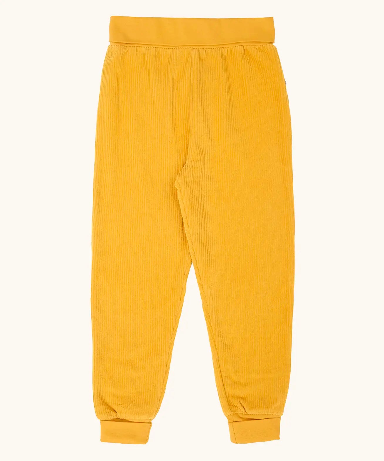 Frugi carne organic cotton cord pull up trousers in bumblebee yellow with soft cotton waistband and cuffs that can be folded down for extended wear.