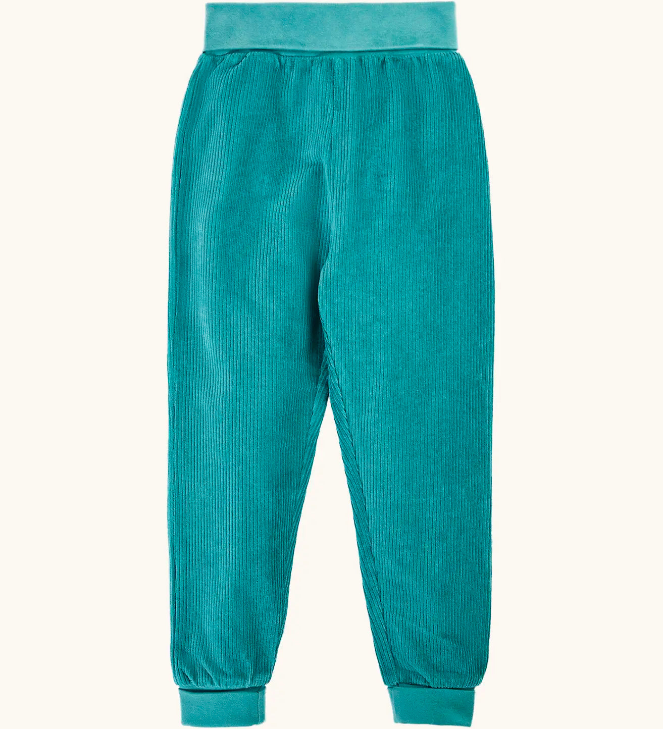 Frugi carne organic cotton cord pull up trousers in hut green with soft cotton waistband and cuffs that can be folded down for extended wear.