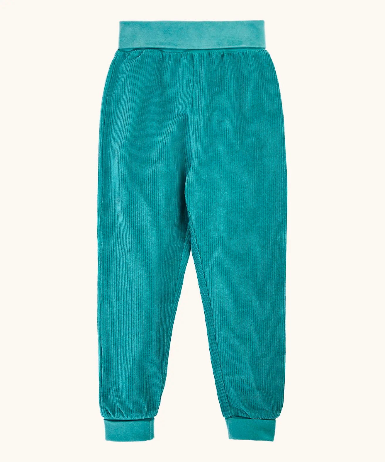 Frugi carne organic cotton cord pull up trousers in hut green with soft cotton waistband and cuffs that can be folded down for extended wear.