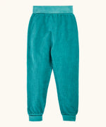 Frugi carne organic cotton cord pull up trousers in hut green with soft cotton waistband and cuffs that can be folded down for extended wear.