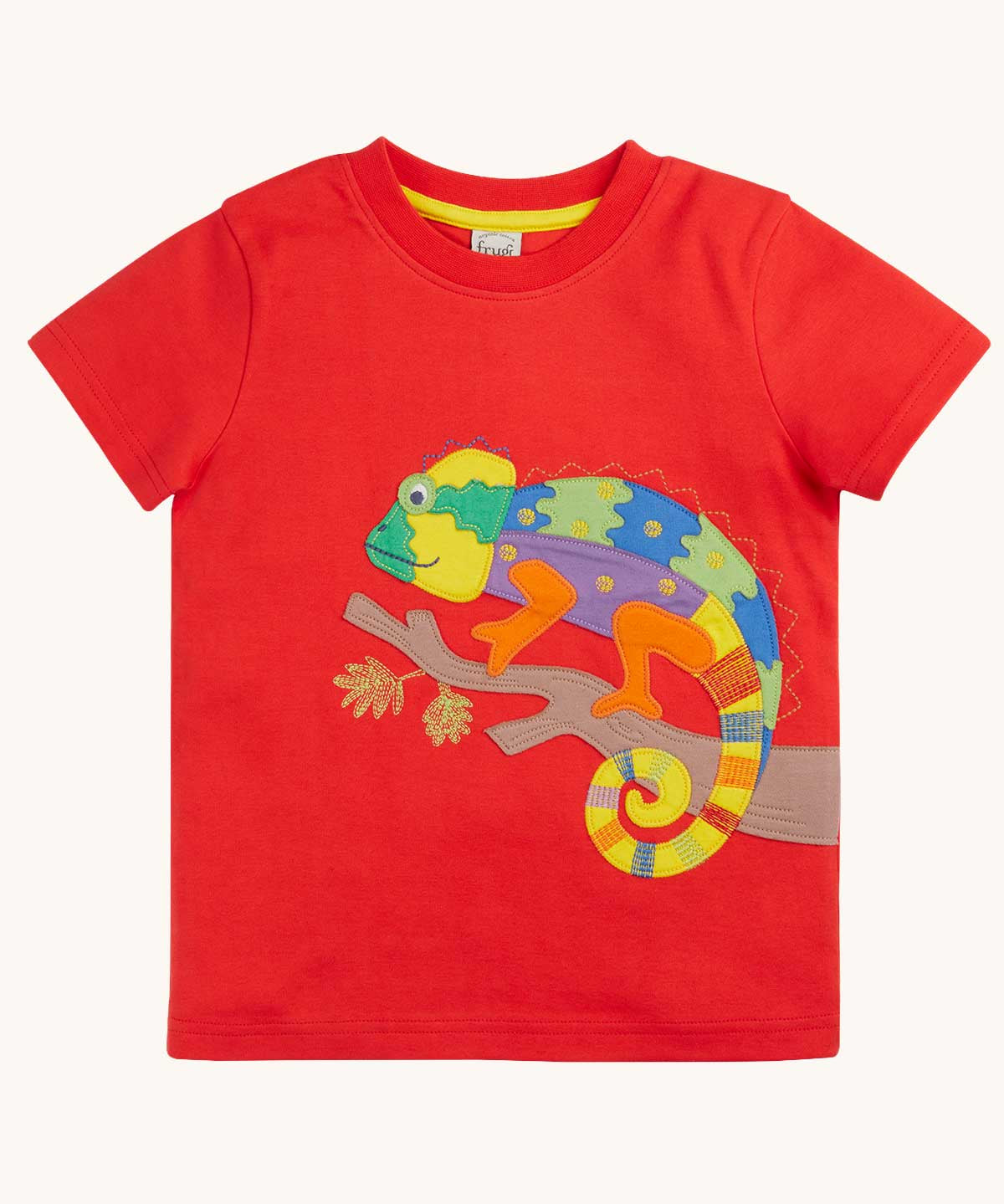 Frugi red organic cotton short sleeved kids T-Shirt with a colurful chameleon  on a branch applique on the front.