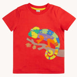 Frugi red organic cotton short sleeved kids T-Shirt with a colurful chameleon  on a branch applique on the front.