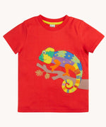 Frugi red organic cotton short sleeved kids T-Shirt with a colurful chameleon  on a branch applique on the front.