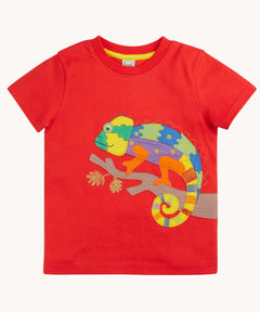Frugi red organic cotton short sleeved kids T-Shirt with a colurful chameleon  on a branch applique on the front.