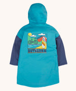 Back of the Frugi blue changing robe with navy sleeves and large outdoors graphic on the back. A square graphic filled with an outdoor scene featuring a surfboard, bike, water, mountains and sun with the word outdoors written in bold font.