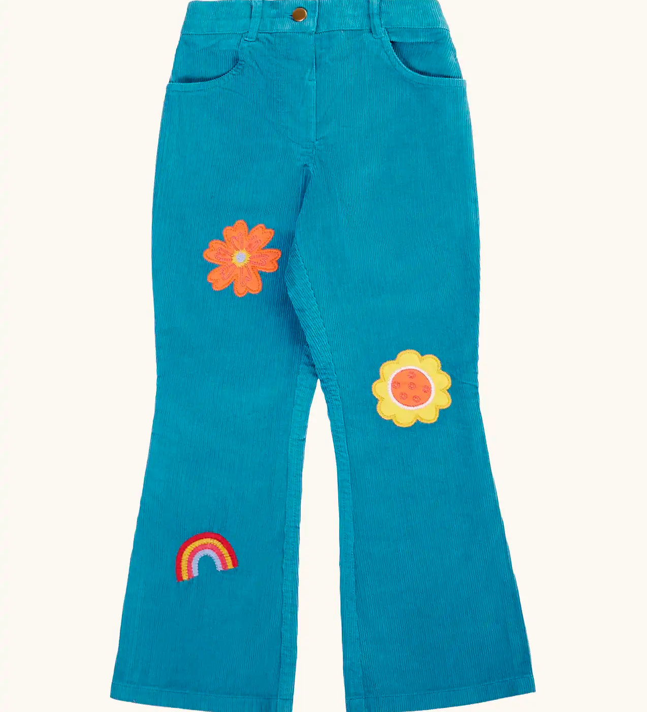 Frugi cherry boat blue corduroy flared trousers with two flowers and a rainbow badge stye details. 