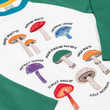 A close up of the mushrooms on teh front of the Frugi Children's Organic Ace Applique Top - White / Mushrooms