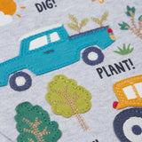 A super close up of the design on the front of the Frugi children's Adventure Organic Cotton long sleeved Top in Grey with a Farm design.