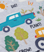 A super close up of the design on the front of the Frugi children's Adventure Organic Cotton long sleeved Top in Grey with a Farm design.