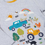 A close up of the design on the front of the Frugi children's Adventure Organic Cotton long sleeved Top in Grey with a Farm design.