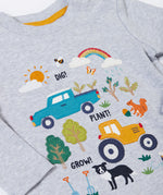 A close up of the design on the front of the Frugi children's Adventure Organic Cotton long sleeved Top in Grey with a Farm design.