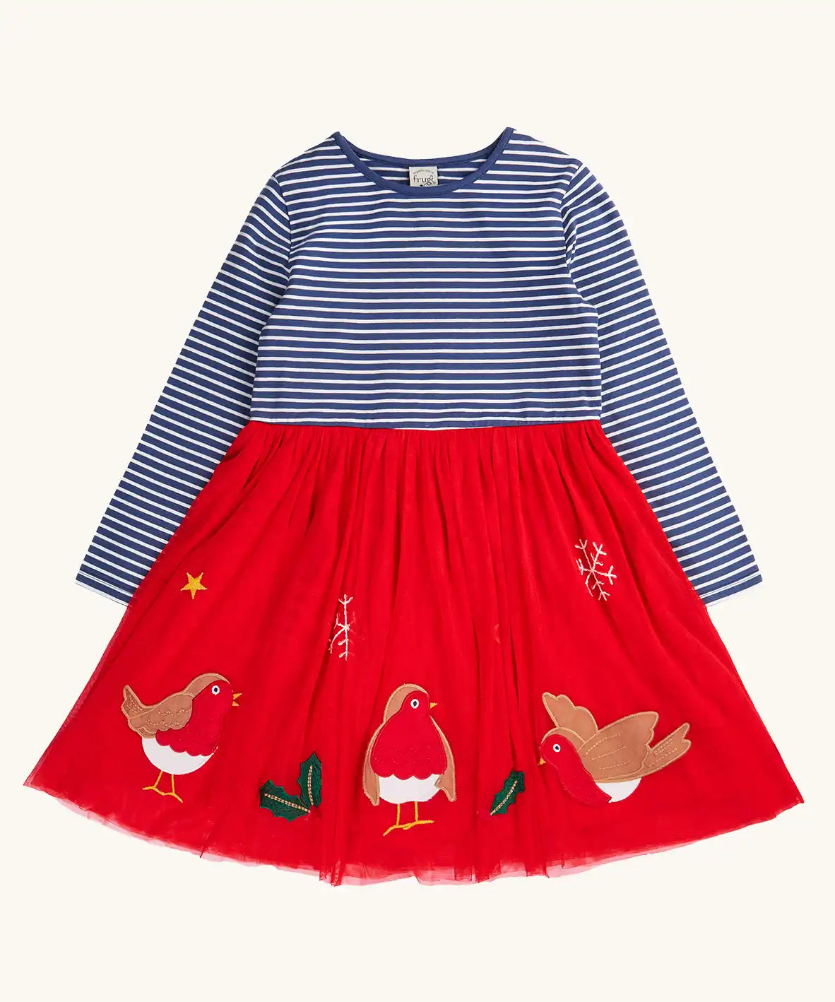 Frugi emmie skater dress with a long sleeved navy stripe top half and red robin applique tulle  skirt.