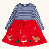 Frugi emmie skater dress with a long sleeved navy stripe top half and red robin applique tulle  skirt.