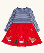 Frugi emmie skater dress with a long sleeved navy stripe top half and red robin applique tulle  skirt.