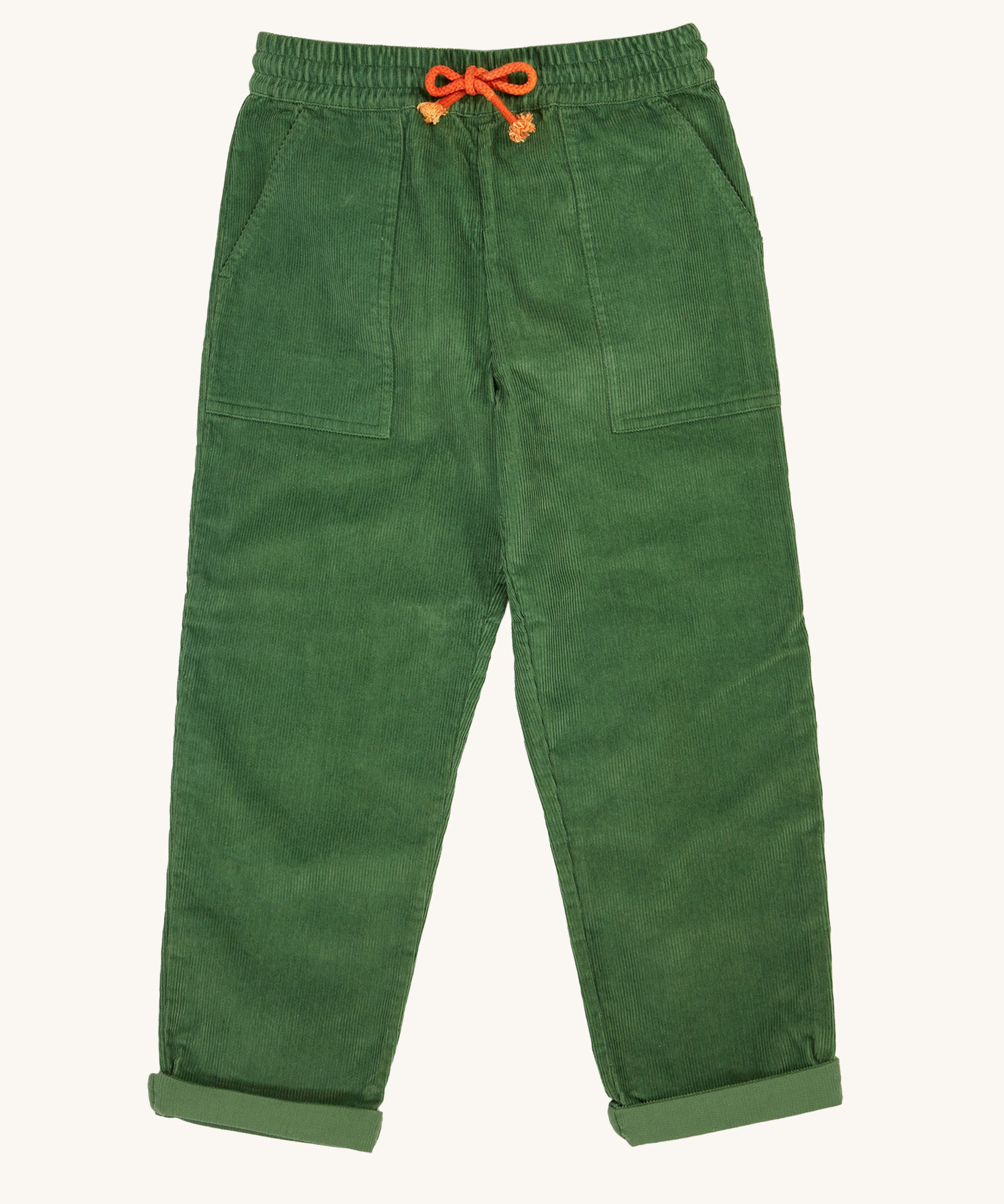 Frugi Kids' Organic Cotton Corduroy Trousers in a Holly Green colour with contrasting orange coloured waist tie.