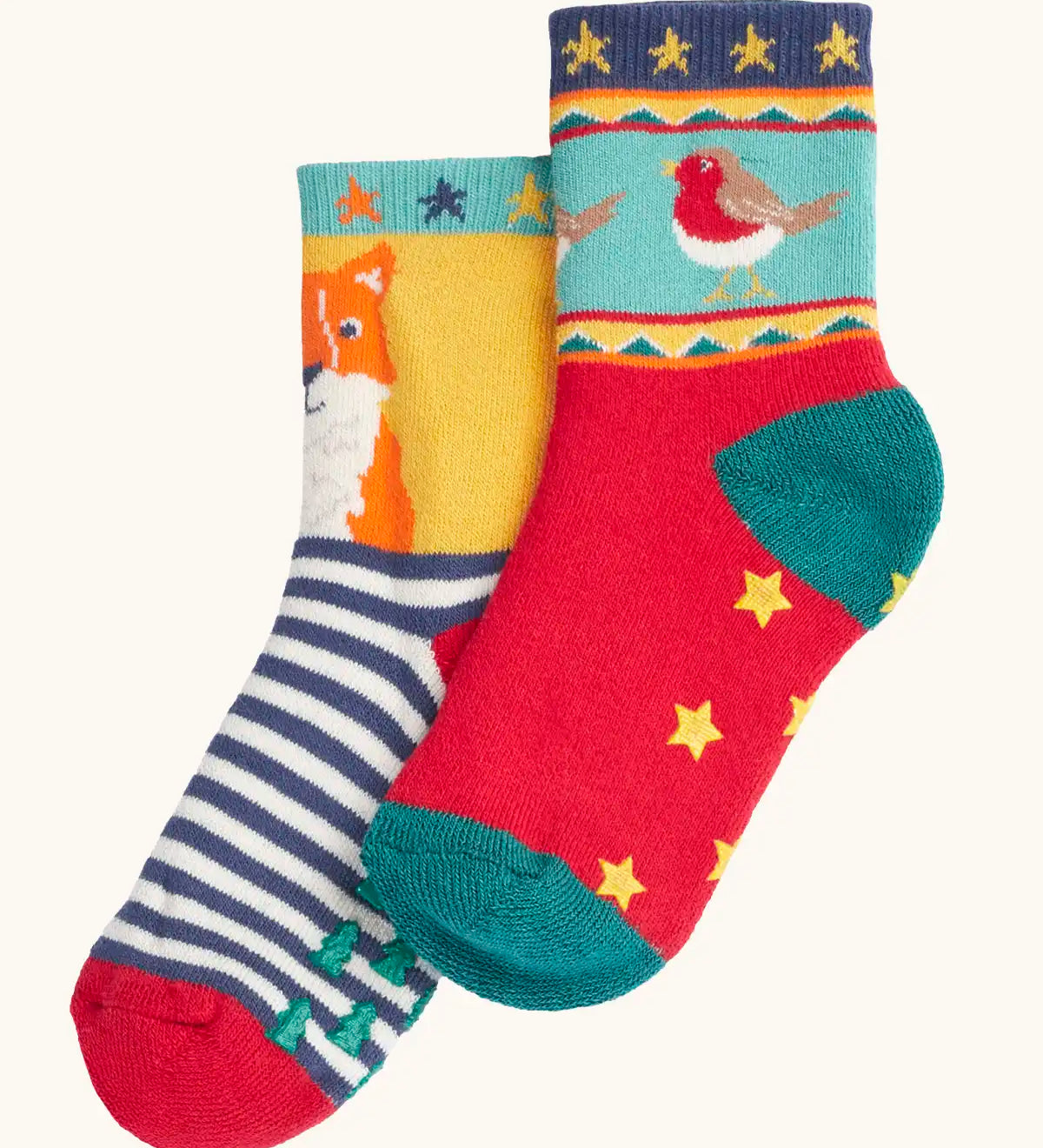 Frugi children's organic cotton grippy socks 2 pack fox fair isle. One pair has navy and white stripes with a fox on a yellow background with green grippy trees on the bottom. One pair has a robin fair isle design with yellow grippy stars on the bottom.