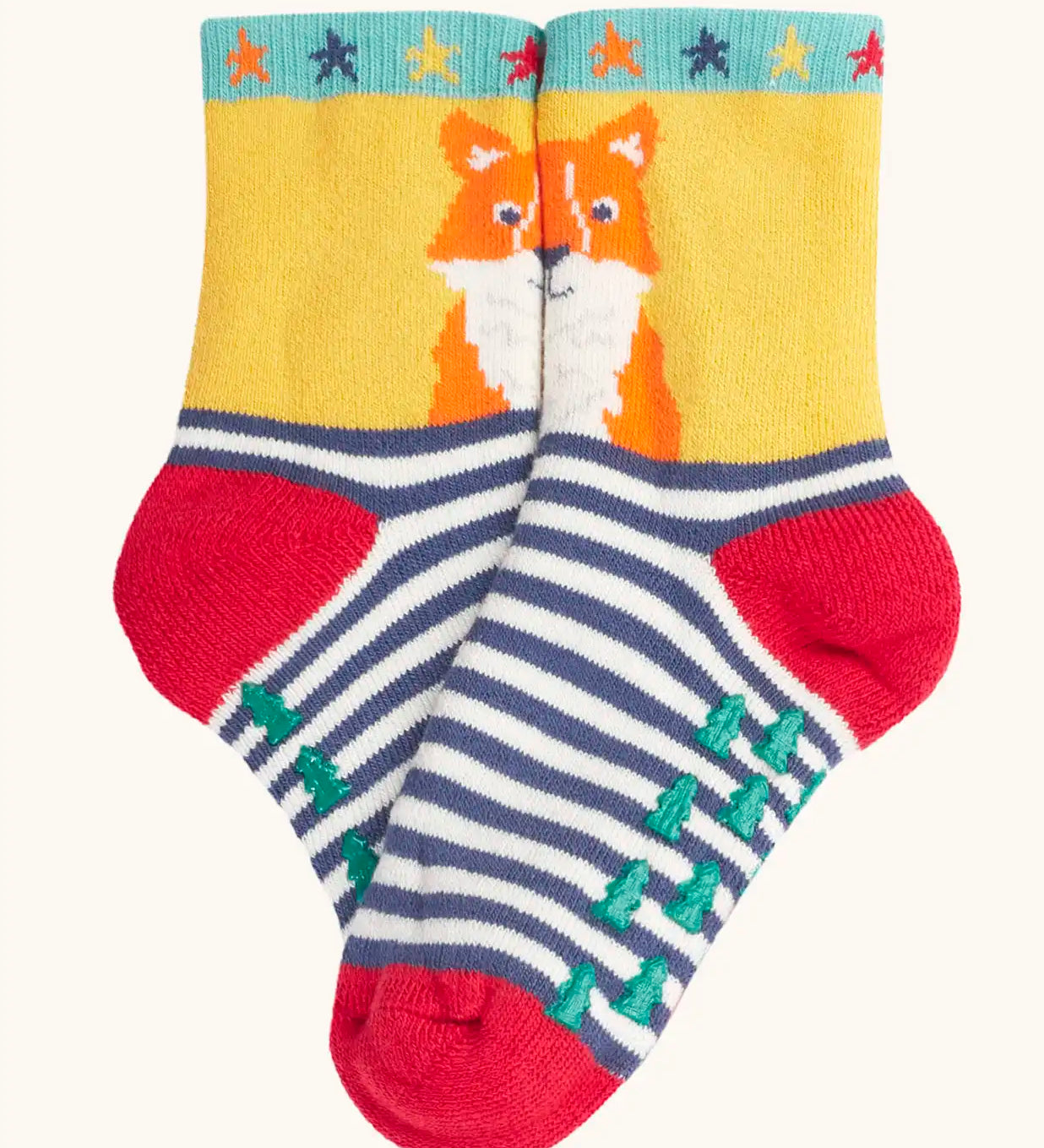 The fox design children's socks from the Frugi children's organic cotton grippy socks 2 pack fox fair isle. 