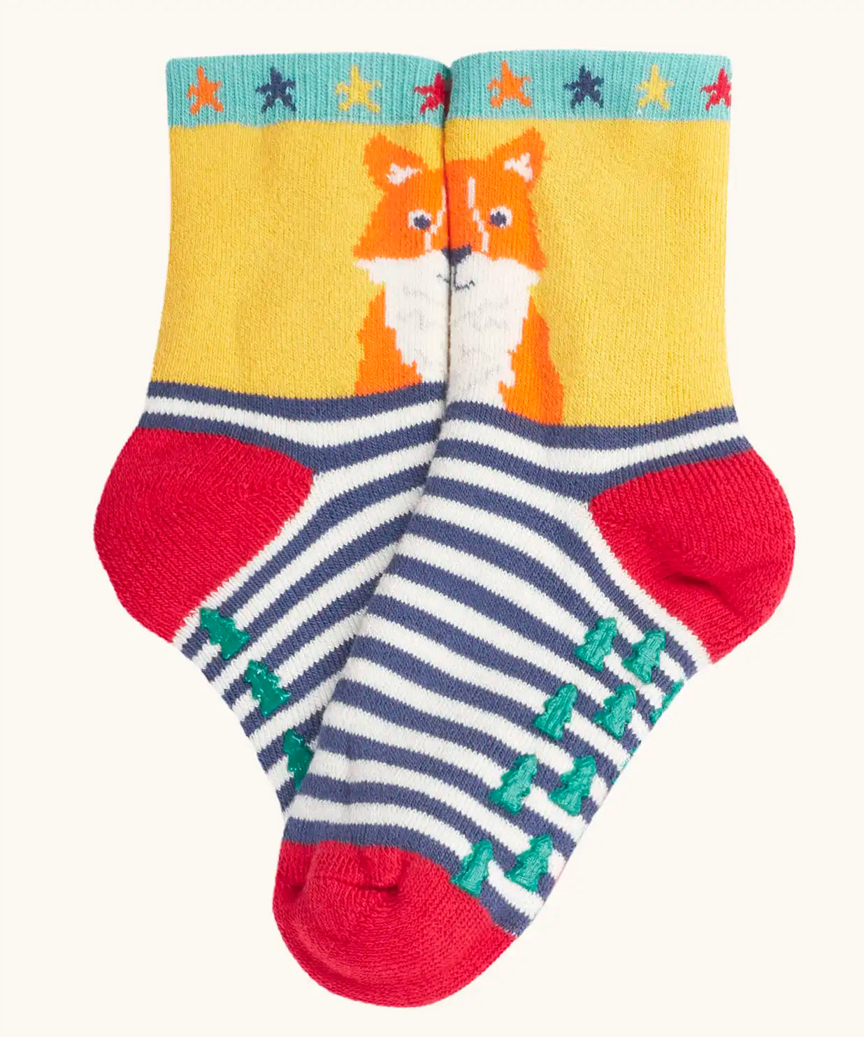 The fox design children's socks from the Frugi children's organic cotton grippy socks 2 pack fox fair isle. 