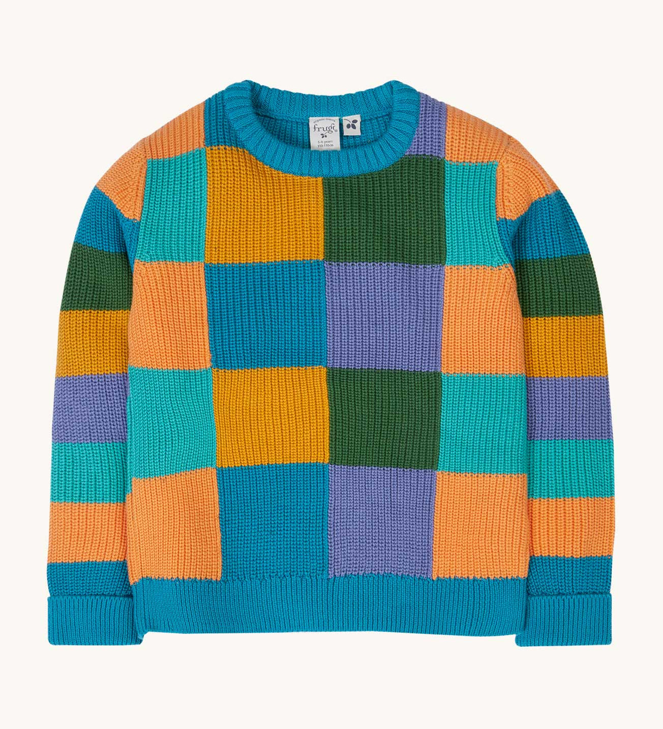 Frugi Children's Organic Cotton Rainbow Checkerboard Knitted Jumper. This colourful knitted jumper is a part of a wide range of organic cotton clothing for children available here at Babipur. 