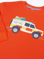 Close up of the front of the Frugi owen children's organic cotton long sleeved orange with a mountain rescue vehicle on the front. 