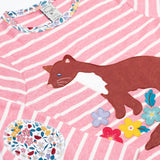 Frugi organic cotton archer pine marten applique top pink stripe with Floral patches on the elbows and neck binding.