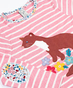 Frugi organic cotton archer pine marten applique top pink stripe with Floral patches on the elbows and neck binding.