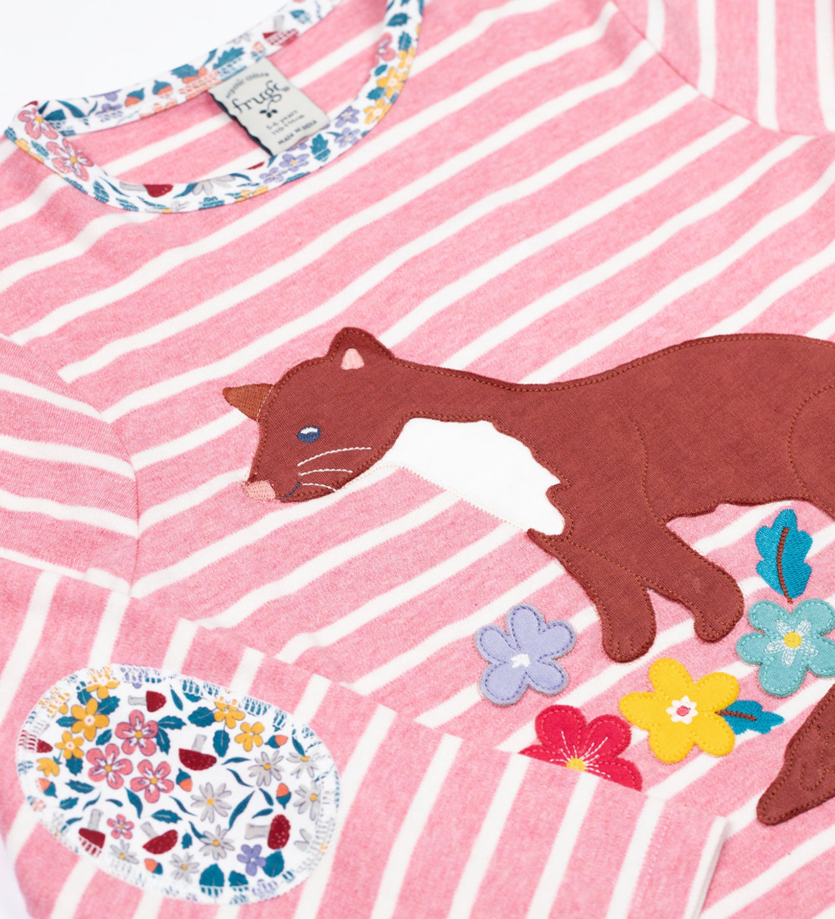 Frugi organic cotton archer pine marten applique top pink stripe with Floral patches on the elbows and neck binding.
