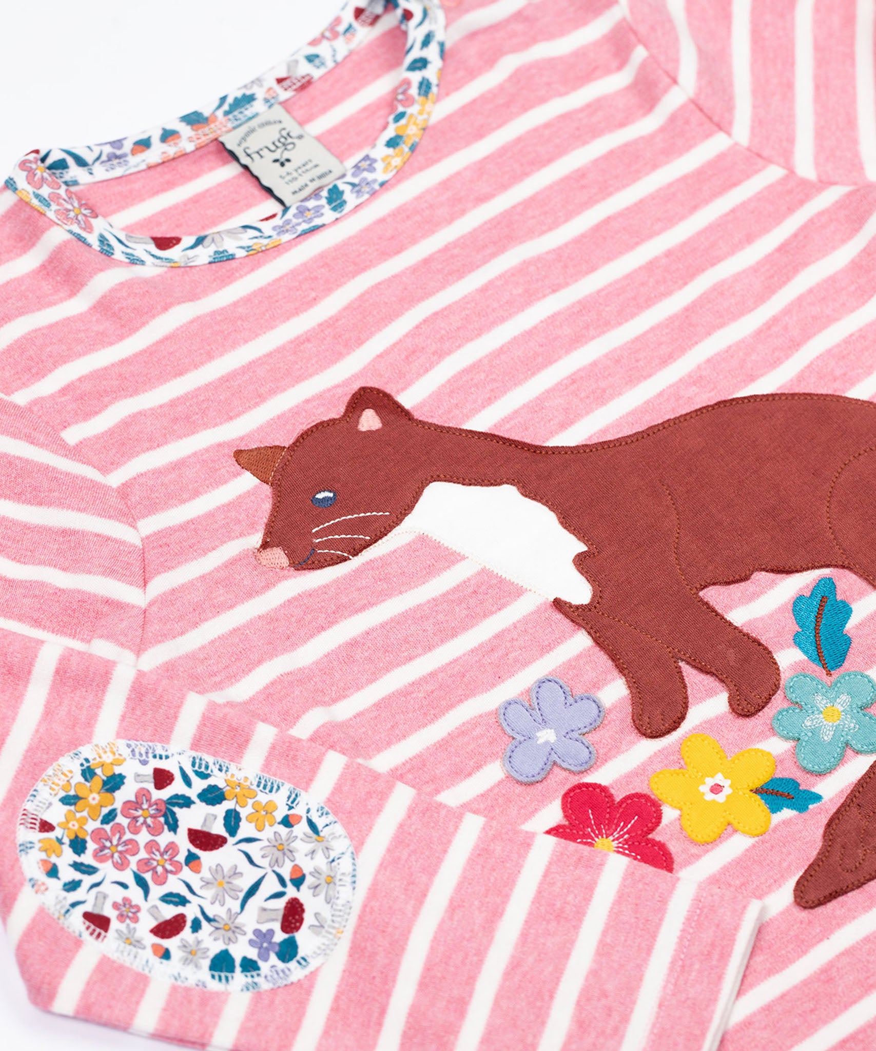 Frugi organic cotton archer pine marten applique top pink stripe with Floral patches on the elbows and neck binding.