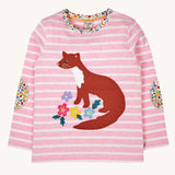 Frugi organic cotton archer pine marten applique top pink stripe.