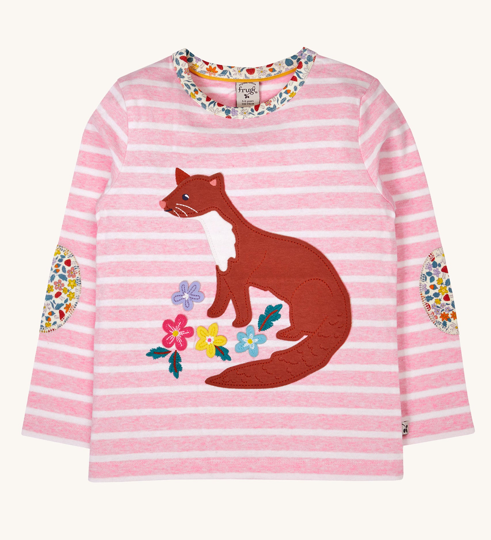 Frugi organic cotton archer pine marten applique top pink stripe.